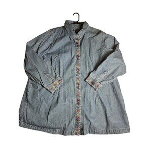 Denim & Co. Womens Embroidered Button-Down Denim shirt Jacket 3X plus shacket